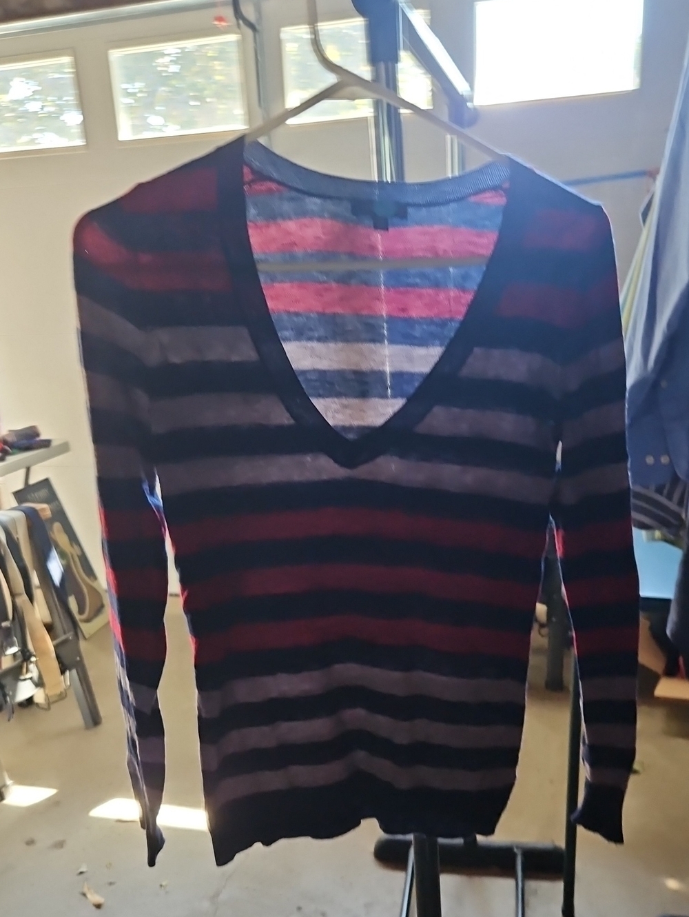 The Limited Women's V-Neck Striped Sweater in Navy, Gray & Burgundy